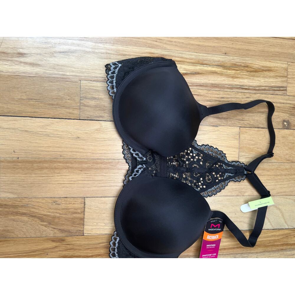 NEW Maidenform Black Lace Racerback Smoothing Bra Smartzone Cups Women's 34B - Picture 4 of 12